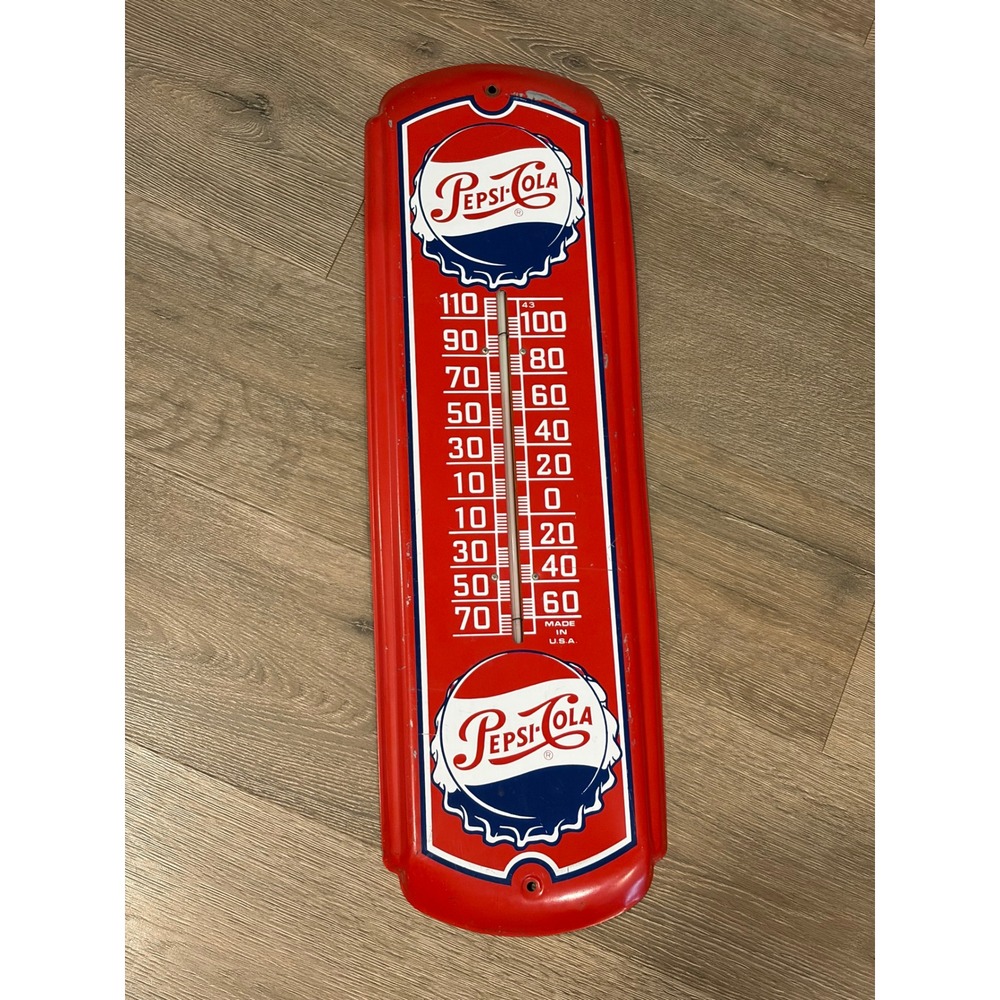 Vintage Pepsi-Cola Metal Thermometer Sign Double Bottle Cap Logo Made in USA